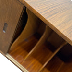 Load image into Gallery viewer, Close-up of a wooden cabinet or shelf with a sliding door and three interior dividers, shown against a plain white background.
