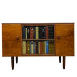 Load image into Gallery viewer, Mid-century modern wooden sideboard cabinet with two doors, an open center shelf, and tapered legs, shown against a plain white background.
