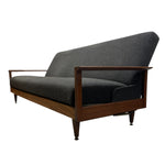 Load image into Gallery viewer, Gray upholstered sofa with wooden frame on a white background
