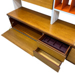 Load image into Gallery viewer, Wooden shelf with open drawer and compartments on a white background
