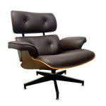 Load image into Gallery viewer, A mid-century modern lounge chair with dark brown leather upholstery, a curved wooden frame, and a black five-star base, shown against a plain white background.
