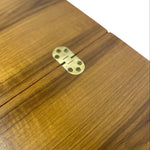 Load image into Gallery viewer, Close-up of a wooden TABLE ith a brass hinge on a white background
