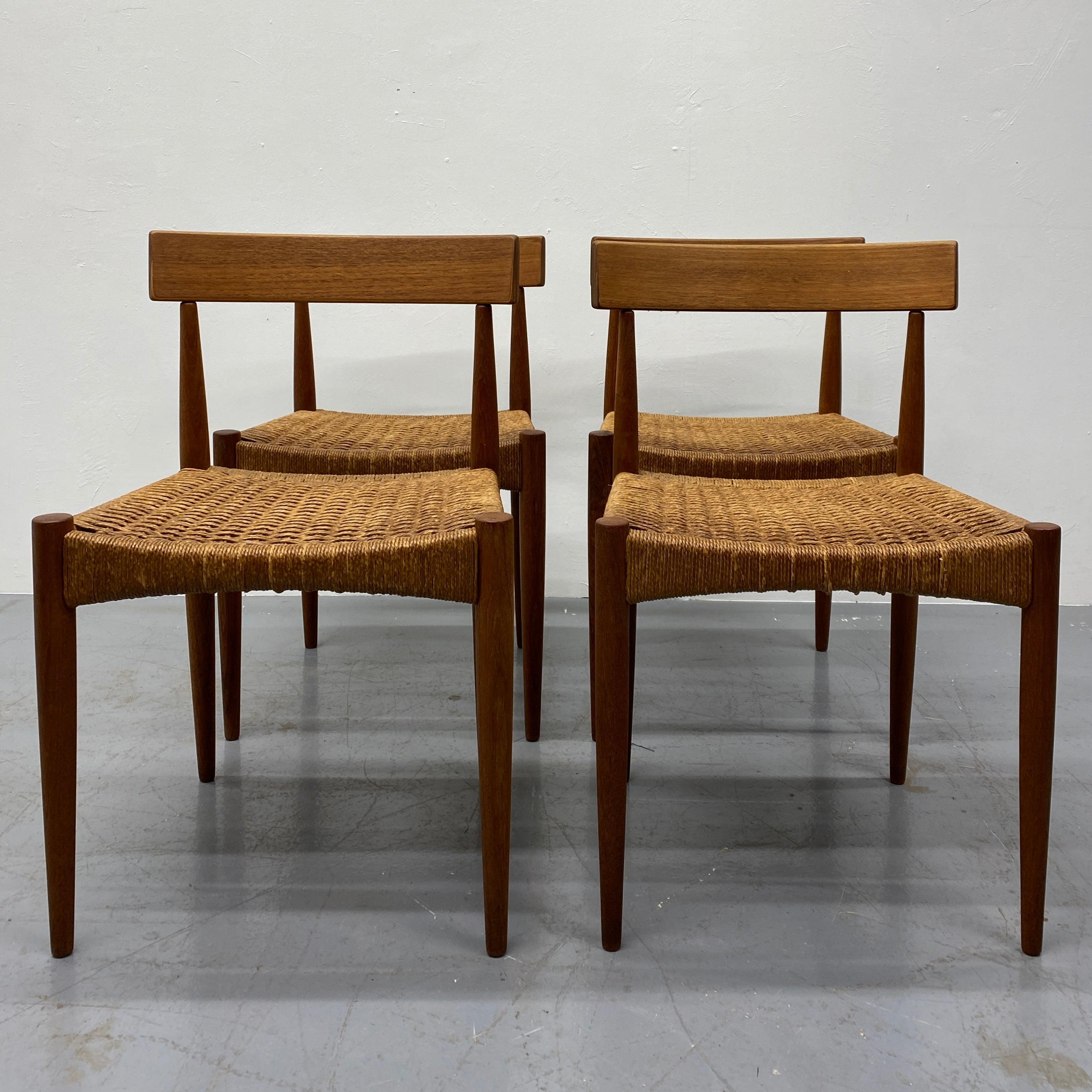 FRONT OF Danish Arne Hovmand Olsen Dining Chairs Four