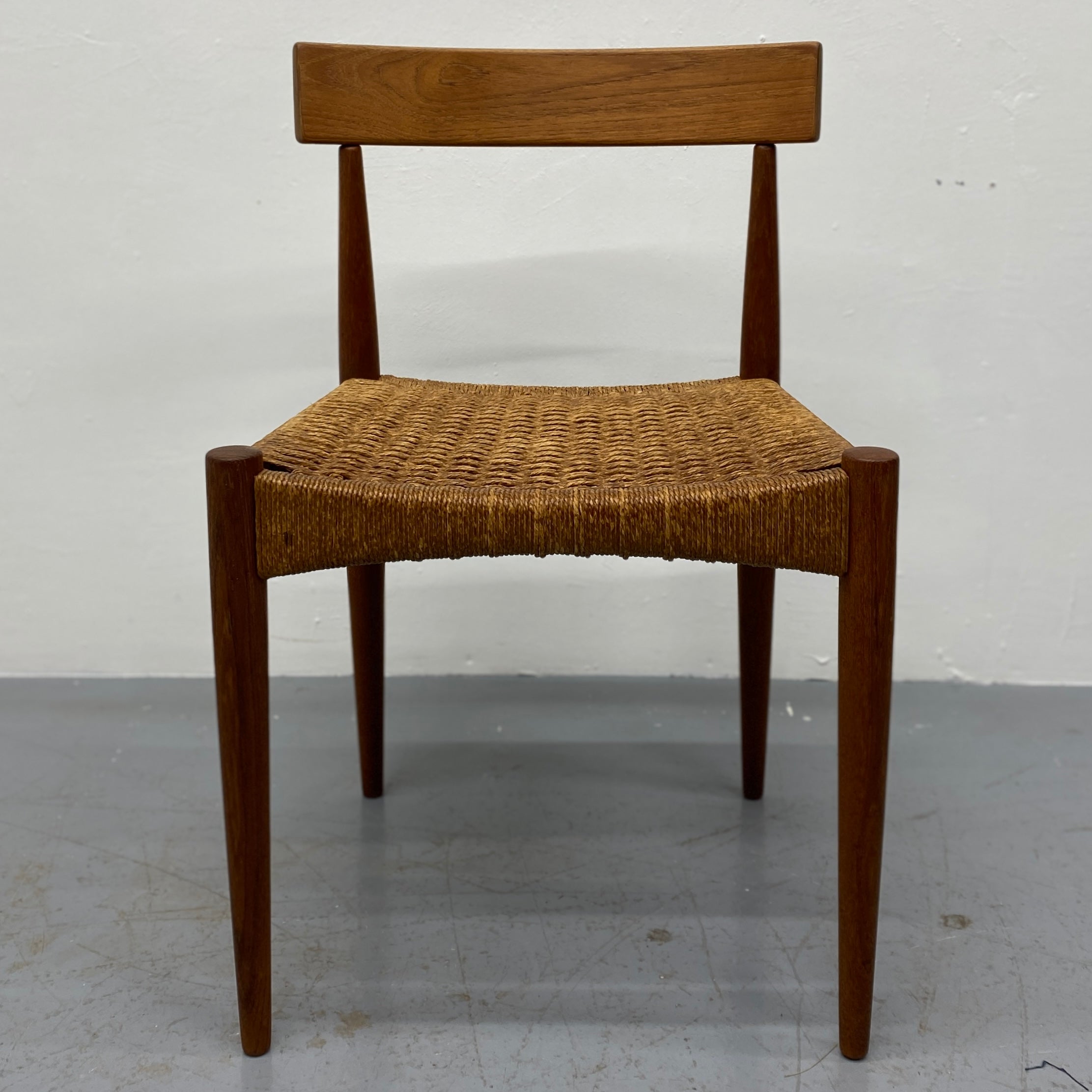 front of Danish Arne Hovmand Olsen Dining Chairs Four