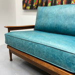 Load image into Gallery viewer, Teak Sofa Bed Turquoise Leather
