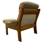 Load image into Gallery viewer, back of cream leather and wooden chair
