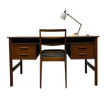 Load image into Gallery viewer, Wooden desk with chair and lamp on a white background
