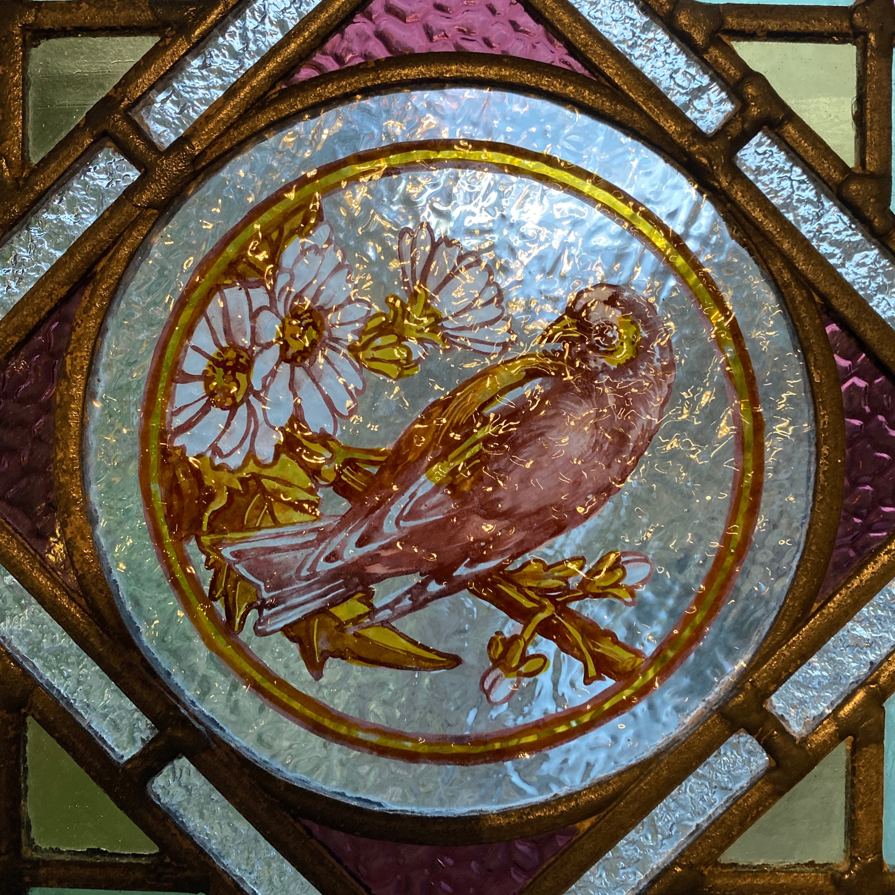 Bird Flowers Stained Glass Pane