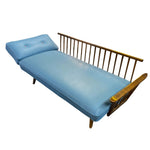 Load image into Gallery viewer, Blue upholstered bed with wooden frame on a white background
