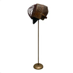 Load image into Gallery viewer, A vintage-style brown leather and mesh fencing helmet displayed on a slim brass stand against a plain white background.
