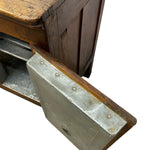 Load image into Gallery viewer, Close-up of a rustic wooden cabinet or chest with a metal drawer front partially pulled out, shown against a plain white background.
