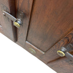Load image into Gallery viewer, Close-up of dark brown wooden doors with metal latch hardware and round brass-toned knobs, photographed against a white background.
