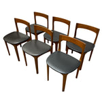 Load image into Gallery viewer, Six mid-century modern dining chairs with curved wooden backs and seats upholstered in dark gray leather, arranged on a plain white background.
