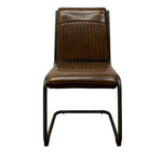 Load image into Gallery viewer, A modern brown leather dining chair with a ribbed vertical backrest and seat, supported by a black metal cantilever frame, shown against a plain white background.
