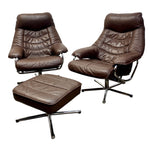 Load image into Gallery viewer, A mid-century modern three-piece leather lounge set consisting of a brown leather armchair, matching ottoman, and a separate brown leather recliner, both with chrome star base legs, shown against a plain white background.
