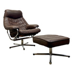 Load image into Gallery viewer, A mid-century modern brown leather lounge chair with an attached matching ottoman, both featuring chrome star base legs, shown against a plain white background.
