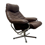 Load image into Gallery viewer, A mid-century modern brown leather recliner chair with an adjustable chrome metal base and matching footrest, shown against a plain white background.
