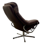 Load image into Gallery viewer, A dark brown leather recliner chair with a chrome five-star base, shown from a three-quarter angle against a plain white background.
