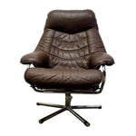 Load image into Gallery viewer, A mid-century modern brown leather swivel lounge chair with a chrome five-star base, isolated on a white background.
