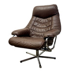Load image into Gallery viewer, A brown leather swivel lounge chair with a matching footrest and a chrome five-star base, shown against a plain white background.
