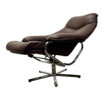 Load image into Gallery viewer, A mid-century modern lounge chair with a matching footrest, upholstered in dark brown leather with a polished chrome metal frame and five-star base, shown against a plain white background.
