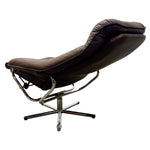 Load image into Gallery viewer, A mid-century modern lounge chair in dark brown leather with a chrome five-star base, shown on a plain white background.
