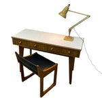 Load image into Gallery viewer, desk with lamp and chair in stripey wood and a white top
