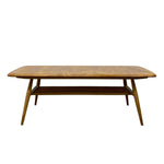 Load image into Gallery viewer, A mid-century modern wooden coffee table with a warm brown finish, featuring tapered legs and a slatted lower shelf, shown against a plain white background.
