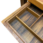 Load image into Gallery viewer, Close-up of a wooden drawer organizer tray with three compartments inside an open drawer, showing a warm medium-brown wood grain finish against a white background.
