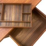 Load image into Gallery viewer, A close-up of a wooden organizer tray with multiple compartments, shown resting on top of a matching wooden surface against a white background.
