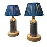 Load image into Gallery viewer, A pair of vintage-style table lamps made from repurposed Absolut vodka bottles with blue pleated fabric shades and round natural wood bases, shown against a plain white background.
