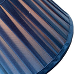 Load image into Gallery viewer, Close-up of a pleated lampshade in dark blue velvet and sheer mesh fabric, showing the texture and striped pattern against a white background.
