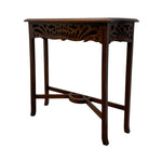 Load image into Gallery viewer, A dark brown wooden console table with ornate carved details on the apron and legs, set against a plain white background.
