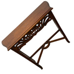 Load image into Gallery viewer, A dark brown wooden console table with an ornate carved foliate panel along the front apron and a curved top, shown on a plain white background.
