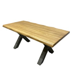 Load image into Gallery viewer, A rustic live-edge wooden dining table with a natural oak top and dark metal A-frame legs, shown on a plain white background.

