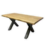 Load image into Gallery viewer, A live-edge wooden dining table with a natural light brown wood top and a black metal X-shaped base, shown on a plain white background.
