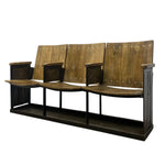 Load image into Gallery viewer, A rustic three-seater wooden bench with a dark brown stained frame and lighter brown wooden seats and backrests, shown against a plain white background.
