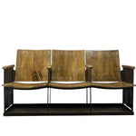 Load image into Gallery viewer, A rustic three-seat bench with three wooden backrests and seats, supported by a dark metal frame with rivet details, shown against a plain white background.
