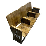 Load image into Gallery viewer, A rustic wooden stadium-style seating bench with four tiers, featuring dark brown painted supports and light brown natural wood seats and backs, with white painted numbers 'E 5T09' on the front support.
