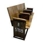 Load image into Gallery viewer, A set of rustic wooden stadium-style tiered benches with dark metal supports, shown on a plain white background.
