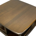 Load image into Gallery viewer, Close-up of a square wooden table top with rounded corners and a glossy finish, showing a warm medium-brown wood grain against a white background.

