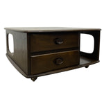 Load image into Gallery viewer, A mid-century modern wooden side table with two drawers, featuring a dark brown finish, circular metal knobs, and a curved open shelf design on a white background.
