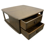 Load image into Gallery viewer, A mid-century modern wooden side table with two open drawers, featuring a dark brown wood finish and round metal knobs, set against a plain white background.
