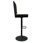 Load image into Gallery viewer, A modern barstool with a black metal frame, round base, and footrest, featuring a quilted dark brown and black seat cushion and a tall backrest.
