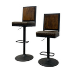 Load image into Gallery viewer, Two matching bar stools with dark brown wood-look upholstered backrests and patterned brown-and-black seat cushions, shown on a plain white background.
