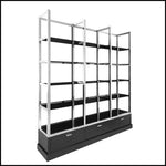 Load image into Gallery viewer, Black and white shelving unit with multiple levels on a white background
