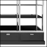 Load image into Gallery viewer, Black display case with glass shelves and drawers on a white background
