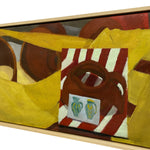 Load image into Gallery viewer, A close-up of a framed painting featuring abstract shapes and objects, including a brown teapot-like form on a red-and-white striped panel, surrounded by bold yellow and brown forms.
