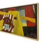 Load image into Gallery viewer, A framed abstract painting featuring bold blocks of yellow, red, black, gray, and brown, with a red-and-white striped pocket-watch motif on the left. The artwork is shown at an angle inside a light wood frame against a plain white background.
