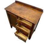 Load image into Gallery viewer, A vintage wooden desk or cabinet with three open drawers, shown from an elevated angle against a plain white background.
